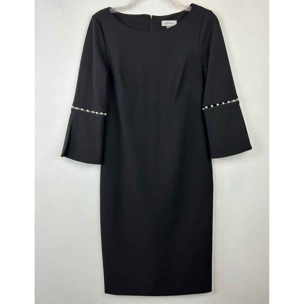 Calvin Klein Dress Womens 8 Solid Black Sheath Pearl Bell Sleeve Cocktail Event